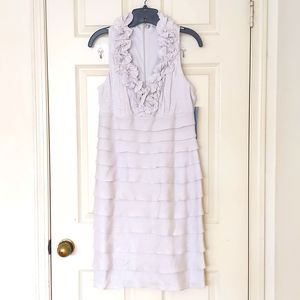 NWT. Fully lined sliver grey dress with 3D Floral V-neck and ruffle tiered skirt